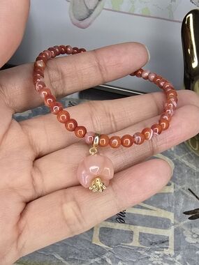 Real Nanhong Agate Beaded Bracelet Flower,Heart,Money Bag Charm. Choose Charm